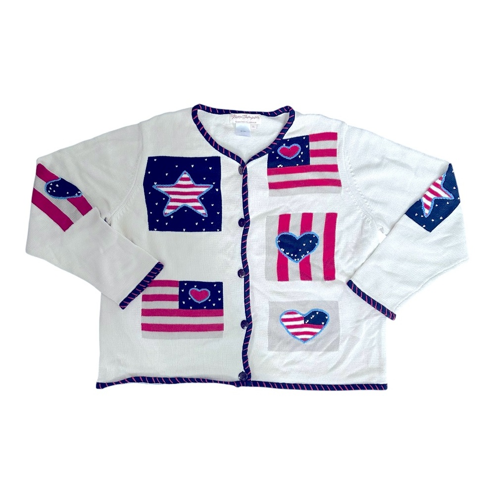 Norm Thompson Patriotic Flag Cardigan Sweater Hearts XL